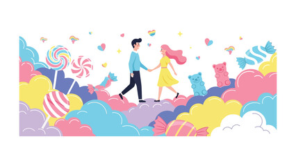Love's Sweet Embrace: A couple, hand in hand, walks amidst a whimsical candy landscape, symbolizing love and shared journey in a world of sweetness and joy.