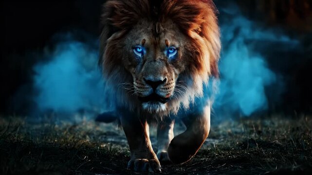 Powerful lion walking through dark environment with blue smoke.