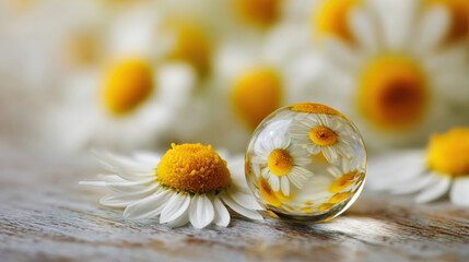 Close-up macro shot of a dewdrop reflecting daisies on a wooden surface. A clear glass sphere captures the essence of delicate white daisies with yellow centers, resting on weathered wood.