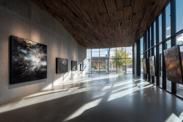 Obraz premium Modern art gallery interior featuring large abstract paintings displayed on concrete walls, sunlight streaming through floor to ceiling windows, empty exhibition space with city view