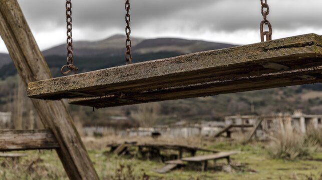 ppa. Empty playground swing moving in abandoned village under overcast sky. lifestyle magazines, social media lookbooks, designed for influencer and brand collaborations.