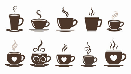 Big Set of Brown Coffee and Tea Cups Vector Icons Collection Isolated on White