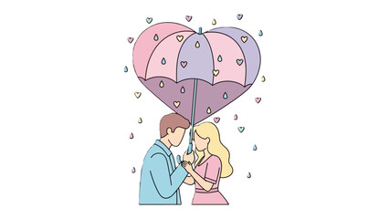 Romantic Shelter: Two figures stand intimately beneath a heart-shaped umbrella in the rain, sharing a tender moment of connection and togetherness.