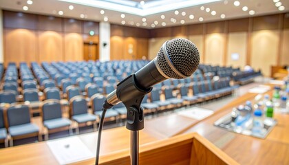 "Microphone on stand in empty auditorium with wooden desks and stage prepared for speech"