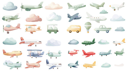 Naklejka premium A playful set of watercolor airplanes, vehicles, and soft clouds in pastel colors. Perfect for nursery themes, travel illustrations, kids artwork, and whimsical creative designs.