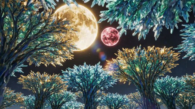 Enchanting alien forest with giant crystalline trees reaching towards a binary sun system