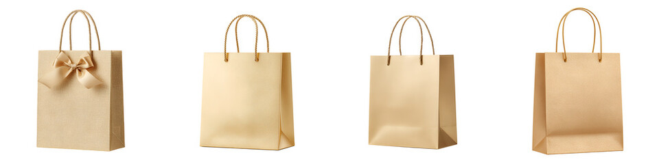 Four Isolated Gold Shopping Bags on White Background