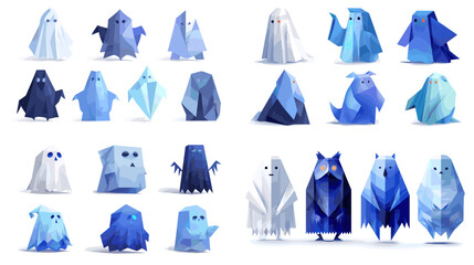 A set of charming low poly style ghost characters in cool blue tones. Perfect for Halloween graphics, kids illustrations, character design, fantasy themes, and playful creative artwork.