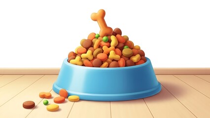 A full blue bowl of dog food with a bone-shaped biscuit on top, signifying a healthy meal for a pet