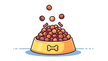 A bowl filled with pet food, with kibble falling from above, symbolizing nutrition and care for animals