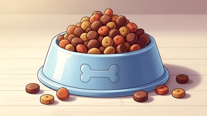 Cartoon illustration of a blue pet food bowl filled with dry kibble, some scattered, on a wooden floor, representing a wholesome meal for domestic animals