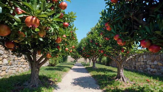 Fruitful apple trees in the orchard