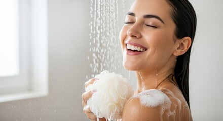 Happy woman enjoying a refreshing shower with loofah