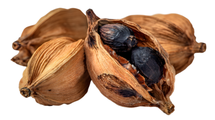 Macro close up of dried black cardamom pods revealing dark aromatic seeds against a