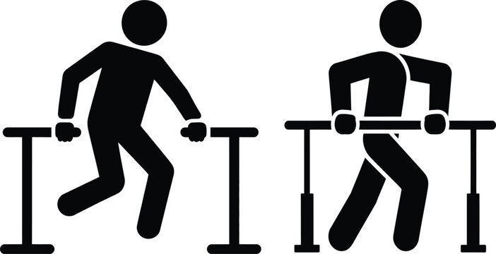 Stick figures performing exercises on parallel bars in a gym setting pictogram