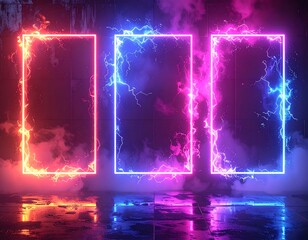 Three glowing neon rectangles, encased by energy, against a dark background