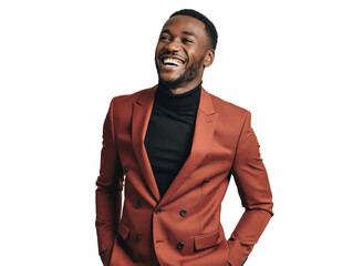 Smiling African American man in a burnt orange suit and black turtleneck, laughing heartily, head tilted back, exuding, isolated on white background