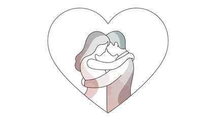 Embrace of Affection: A minimalist illustration of two figures entwined in an embrace, their silhouettes cradled within the gentle curves of a heart, symbolizing the warmth and intimacy of love.