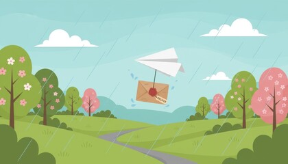 A whimsical scene of a paper airplane flying above a vibrant landscape, carrying an envelope as it rains lightly, surrounded by colorful trees and a winding path.