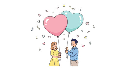 Love's Embrace: A couple shares a tender moment, holding heart-shaped balloons that symbolize their affection, surrounded by the joyful cascade of confetti.