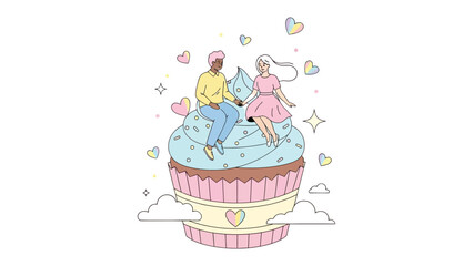 Sweetheart's Cupcake Dream: A delightful illustration captures a couple seated atop a whimsical cupcake, surrounded by hearts and stars.