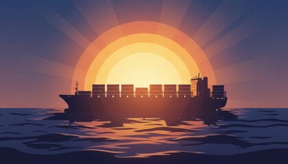 A silhouette of a cargo ship sailing on the ocean at sunset, with vibrant rays of sunlight creating a serene and picturesque atmosphere.