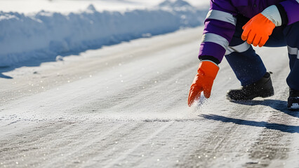 Winter road worker spreading salt to prevent ice, ensuring safe driving conditions.