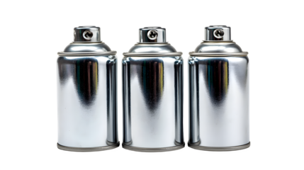Three shiny chrome spray paint cans stand ready for artistic creation or industrial coating projects