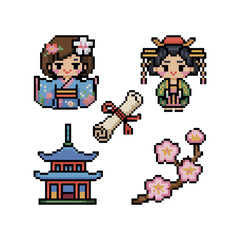 Vector illustration set of man and woman icons for computer art, design, and business concept symbols Pixel icons retro 8-bit style