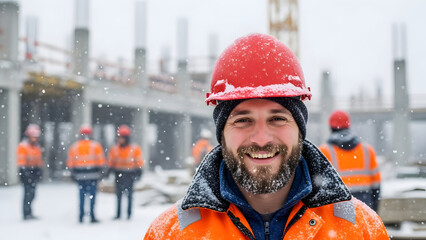 Smiling construction worker in red hard hat and orange jacket in snowfall