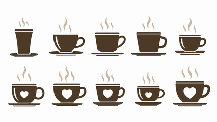 Brown Coffee Cups and Mugs Vector Icon Set Isolated. Monochrome Design with Hearts and Steam.