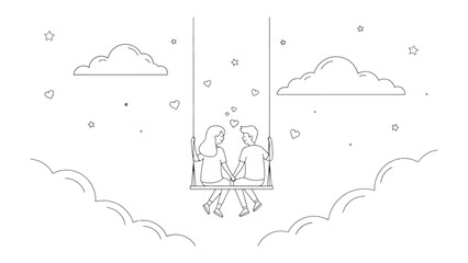 Eternal Bond: A tender moment of togetherness is captured as a loving couple swings in the clouds, illuminated by stars. a gentle expression of romance and shared love.