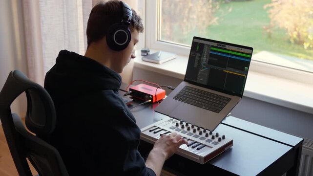 Fixed shot of a young music producer working with a MIDI keyboard and laptop, wearing headphones and creating music in a bright home studio.