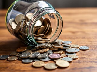 Jar of coins tips over onto a wooden table, causing scattered coins to roll out, coin collection, close-up