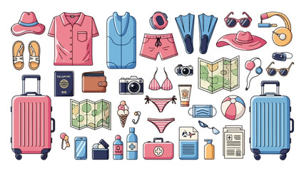 Colorful Vector Collection of Travel Essentials and Vacation Items Flat Design © Aldi