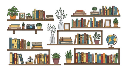 Vector illustration of decorative bookshelves filled with books, plants, and globes © Aldi