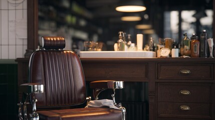 razor. An empty barber chair with neatly arranged tools, showcasing a clean and inviting grooming space. lifestyle magazines, social media lookbooks, designed for influencer and brand collaborations.