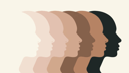 Conceptual profiles illustrating diverse skin tones and human pigmentation gradient