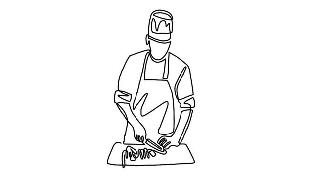 Continuous line animation of chef cooking gourmet meal, chef preparing food