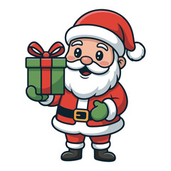 Cute santa claus holding a green gift box with a happy face isolated on white background