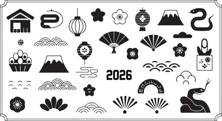 An extensive assortment of Japanese New Year symbols including Mount Fuji, snakes, fans, lanterns, and plum blossoms