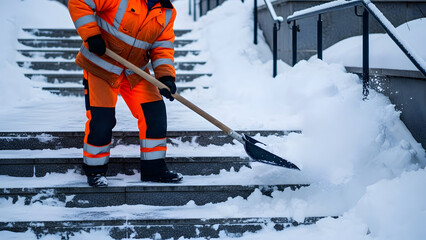 Dedicated worker clearing snow from stairs with a shovel in winter