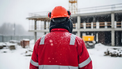 Construction worker in safety gear braving snowfall at a building site.