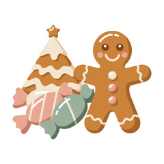 Gingerbread man and christmas tree with candies holiday festive desserts sweet food set