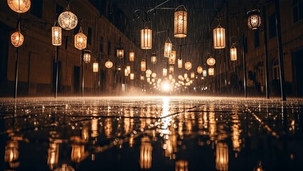 Magical night street scene with glowing lanterns, falling rain, and shimmering reflections on wet pavement.