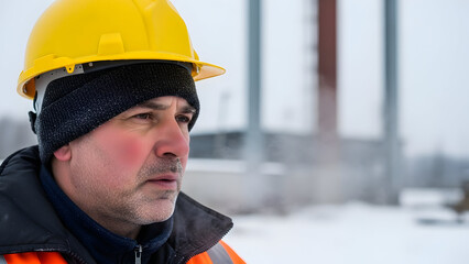 Hardy Construction worker in yellow hard hat braving cold winter weather, focused on task.