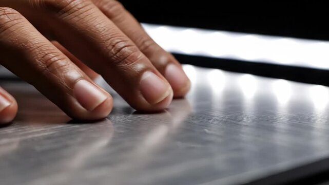 Close-up of fingers gently touching a textured surface with light reflections capturing subtle