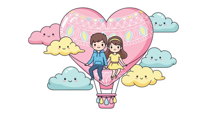 Love's Ascent: A pair of young couple sits nestled within a heart-shaped hot air balloon. With a backdrop of charming, cartoonish clouds that drift gently through a sky full of affection. 