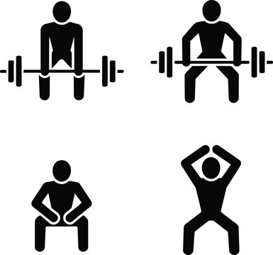 Fitness exercise pictogram set including weightlifting, squatting, and jumping jack