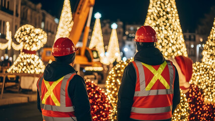 Construction workers overseeing festive light installation for a winter holiday celebration.